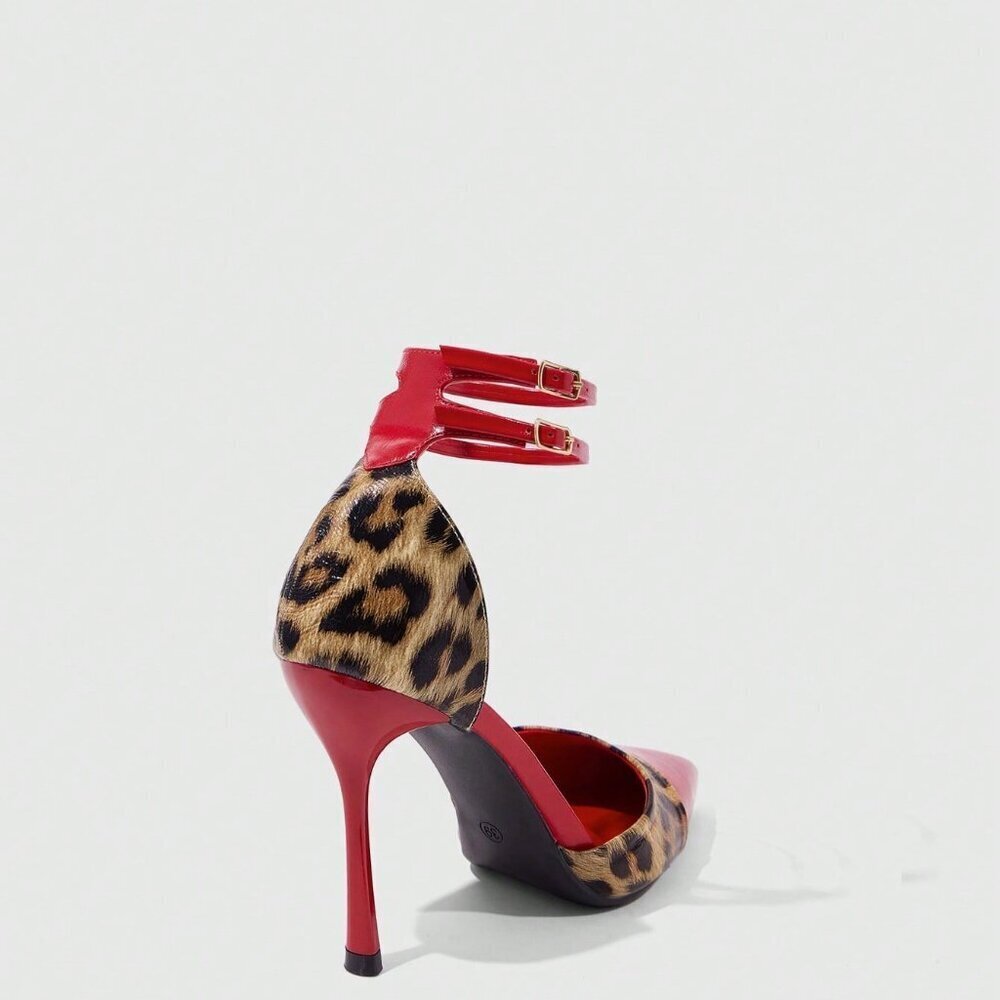 Red Elegant Women's Leopard Print Patchwork Pointed Toe Pumps